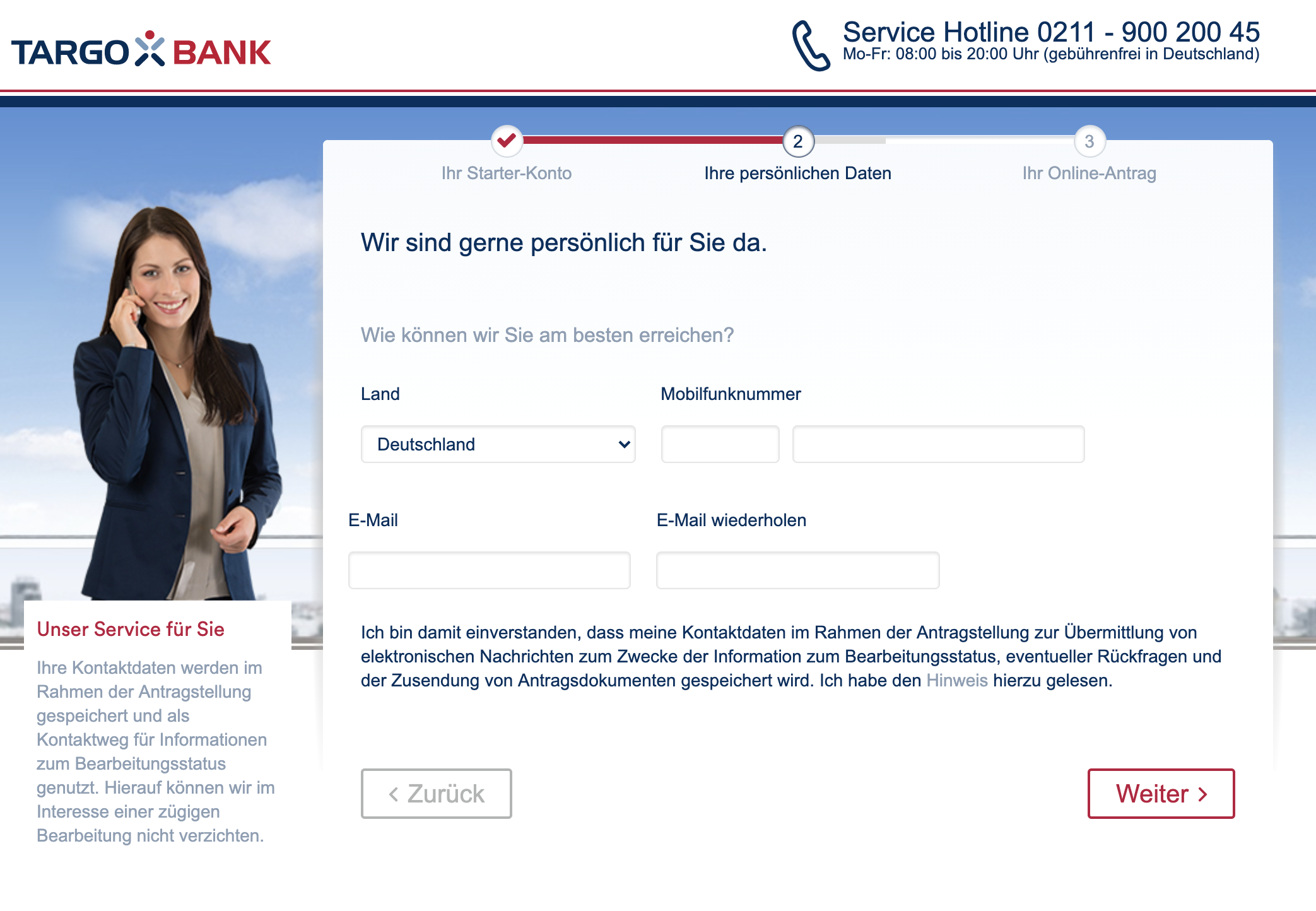 Onlineantrag: Targobank Girokonto eröffnen Eingabe der Mobilfunknummer und der Email
